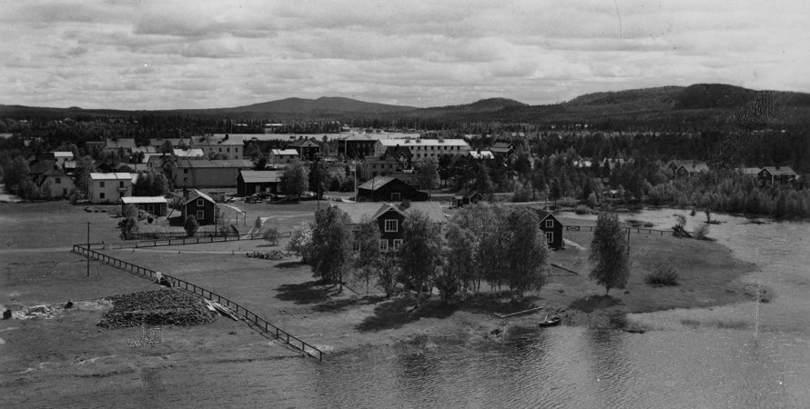 Svartvit vybild, äng och byggnader i förgrunden vatten
